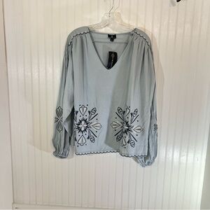 NWT Curations Light Blue Boho Embroidered Blouse 1X